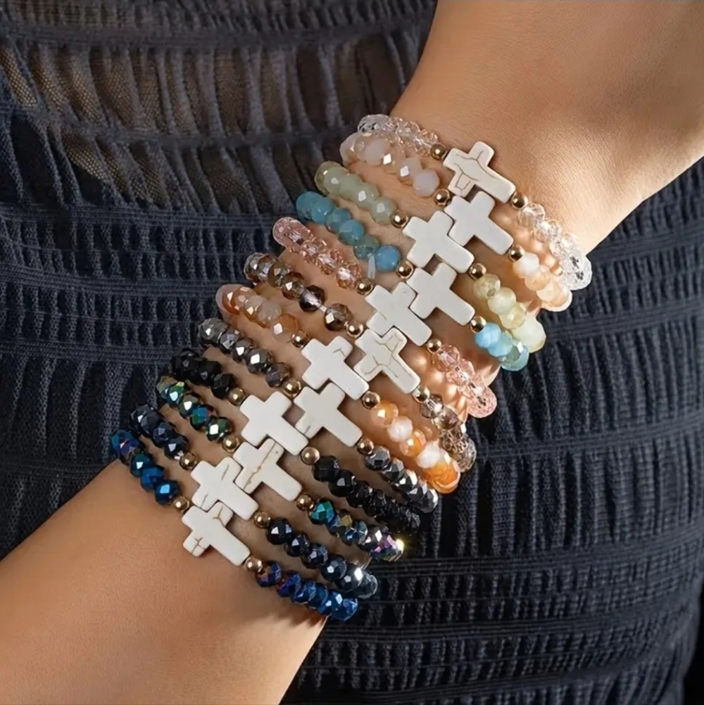 GORGEOUS CRYSTAL CROSS STRETCH BRACELETS. BEAUTIFUL COLORS AND SPARKLE. U PICK - Picture 6 of 6